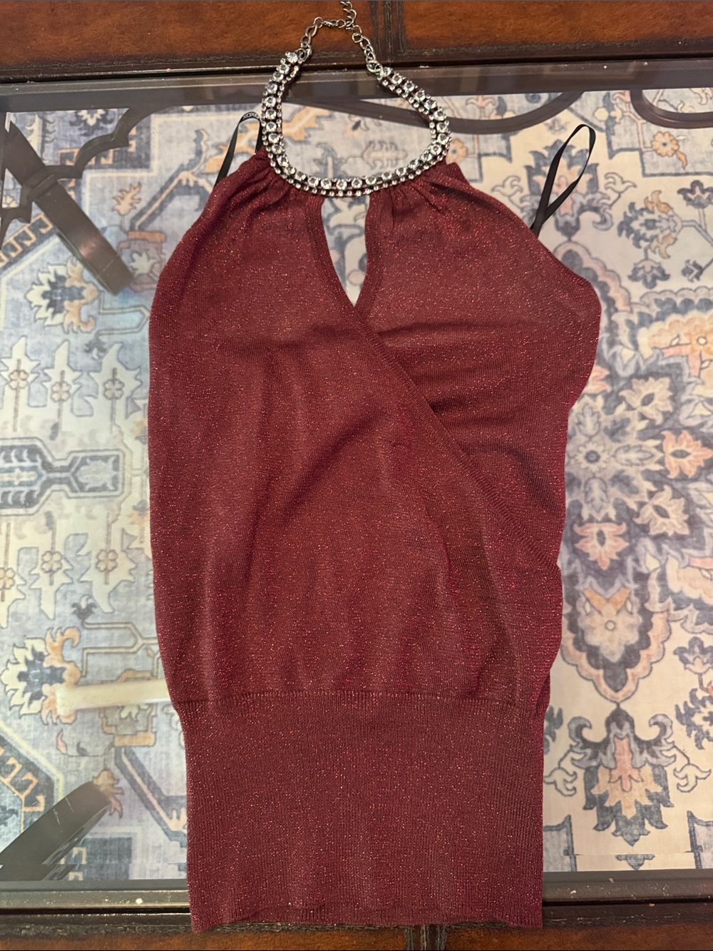 XOXO Rhinestone Halter Knit Top in Shimmery Burgundy